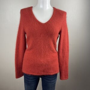 Sarah Spencer  Orange Size Medium V Neck Sweater Angora Rabbit Hair Wool Blend